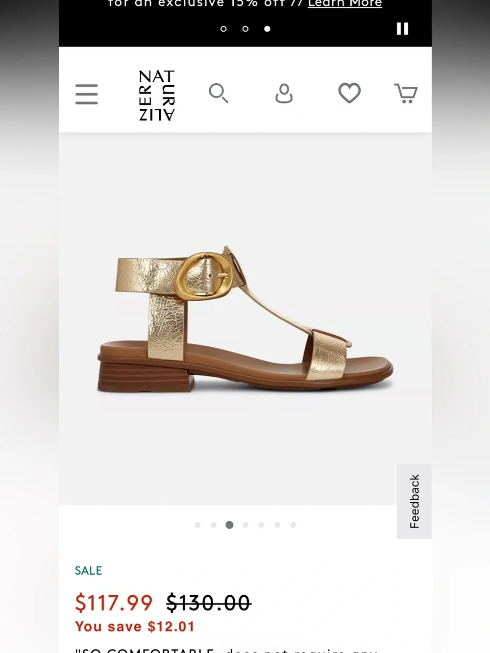 Naturalizer Brandy Metallic Gold T-Strap Sandal NWOB Women’s 11WW